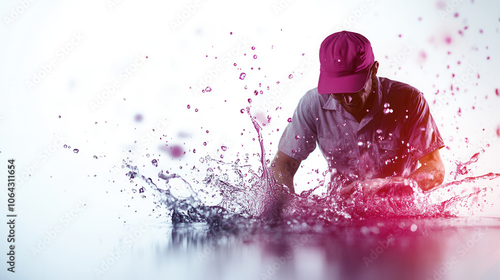 Poster plumber working with water splashing around, showcasing skill and focus. dynamic scene captures esse