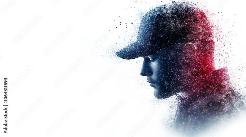 Poster vibrant, hyperrealistic image of man in cap, showcasing creative blend of colors and textures. artis