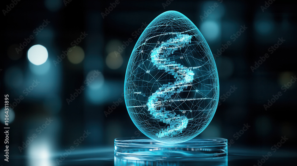 Poster deep blue egg shaped object with swirling genetic patterns, symbolizing innovation and technology. i