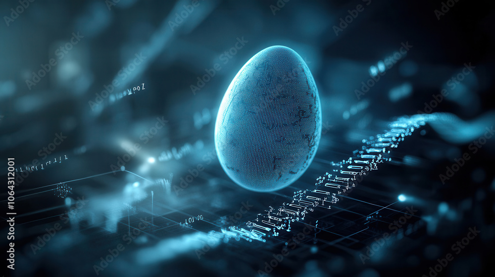 Poster deep blue, egg shaped structure floats above digital grid, surrounded by abstract patterns and glowi