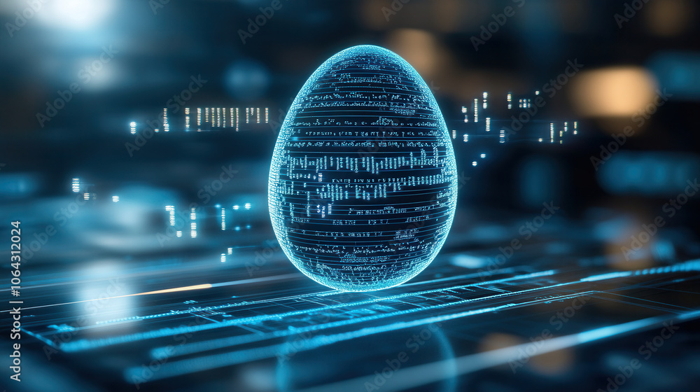 Poster glowing egg shaped structure in deep blue, surrounded by digital data streams, symbolizes technology