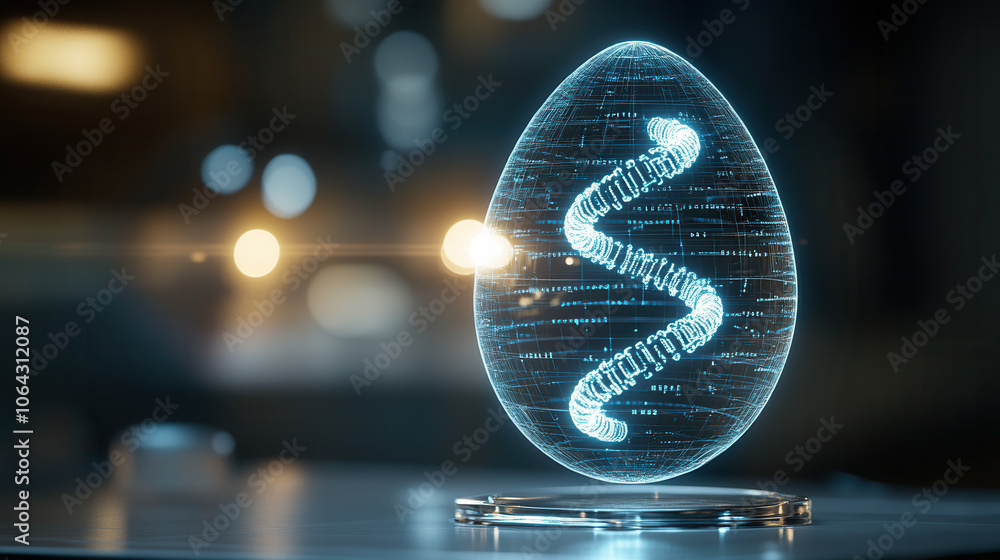 Poster luminous egg shaped structure with glowing spiral design, symbolizing innovation and technology. dee