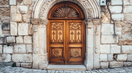 Ornate Wooden Doorway with Stone Wall Background