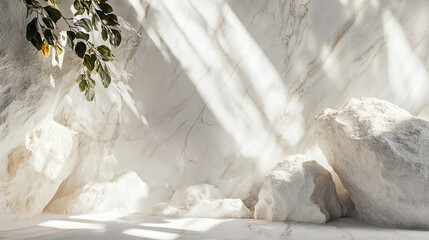 A serene indoor space with soft sunlight casting shadows on white rocks and a plant, creating a calming and peaceful atmosphere.