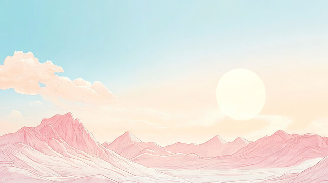 A serene landscape featuring pastel mountains under a soft sky and a glowing sun, evoking tranquility and natural beauty.