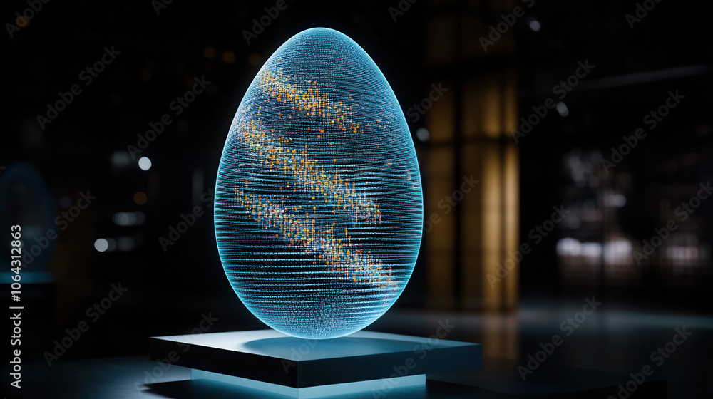 Poster deep blue egg shaped object with intricate patterns, glowing softly in modern space, evokes sense of