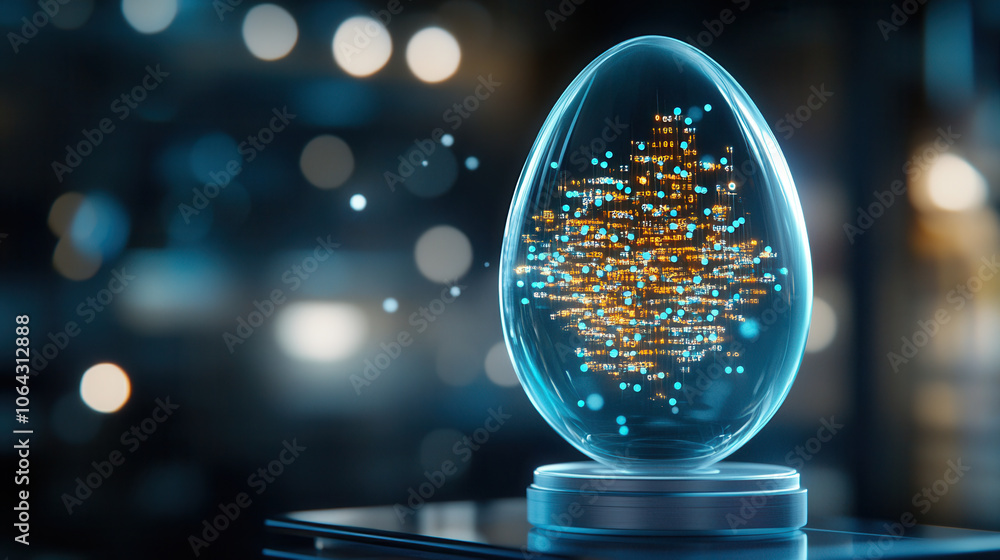 Poster inside egg shaped deep blue object, symphony of lights and patterns creates mesmerizing visual exper