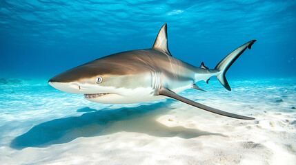 Fototapeta premium A shark swimming gracefully in clear blue water, showcasing its powerful form and movement, with vibrant ocean scenery.