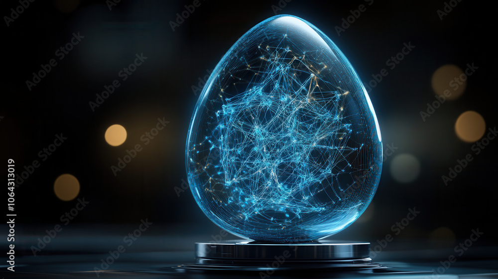 Poster deep blue egg shaped object with intricate geometric patterns, glowing softly. design features inter