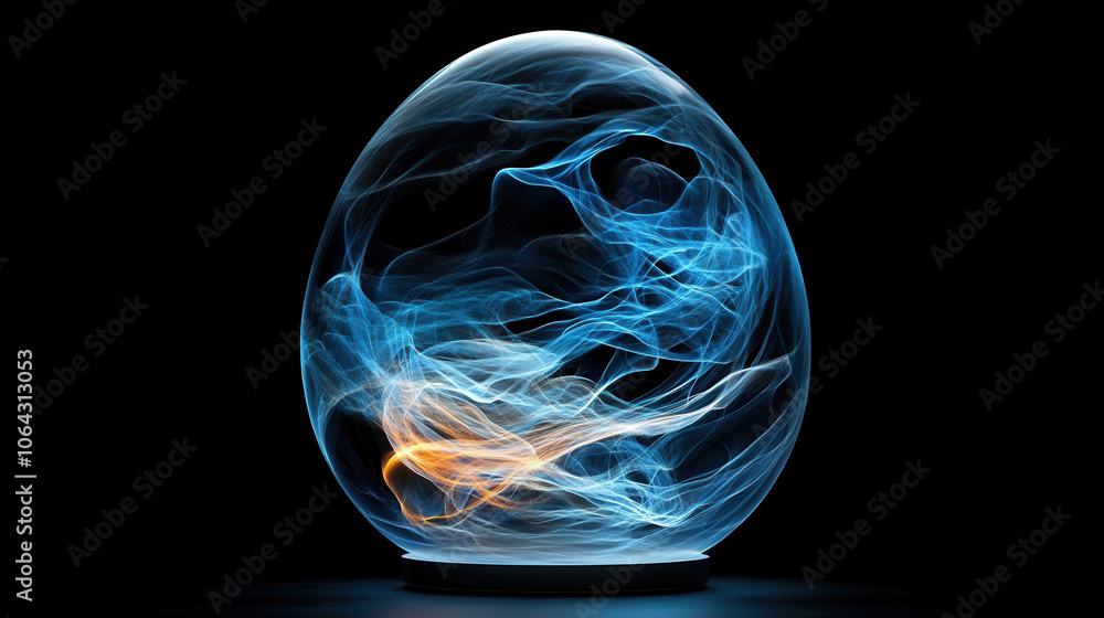 Poster egg shaped deep blue object with swirling light patterns creates mesmerizing visual effect. dynamic 