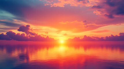 A stunning sunset over the calm water, with vibrant colors reflecting on the surface, creating a serene atmosphere.