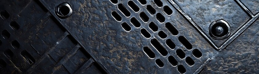Obraz premium A Close-up of a Black Metal Surface with a Grid of Oval Holes and Rivets