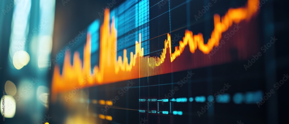 Poster a close-up view of a financial chart displaying market trends and data fluctuations.