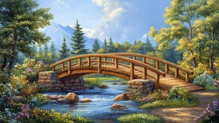 Serene Landscape with Wooden Bridge and Stream