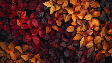 Fototapeta premium A vibrant collection of autumn leaves in shades of red, orange, and yellow, creating a stunning natural tapestry.