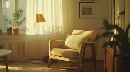 Fototapeta premium Cozy Living Room with Warm Light and Armchair