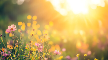 A vibrant field of wildflowers bathed in warm sunlight, creating a serene and peaceful atmosphere.