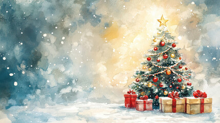 beautiful watercolor Christmas background featuring decorated tree and gifts