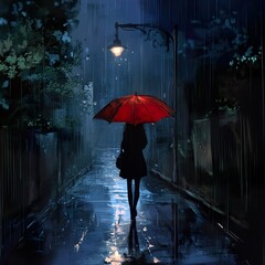 Rainy Night Cityscape - Woman Walking Under Red Umbrella