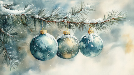Winter ornaments hanging from snowy pine branch create serene holiday scene