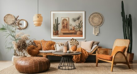 Bohemian Living Room with Wooden Furniture and Natural Elements