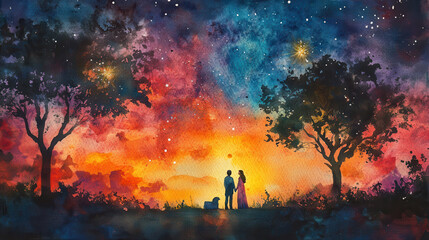 Fototapeta premium romantic scene of couple under starry sky, surrounded by vibrant colors
