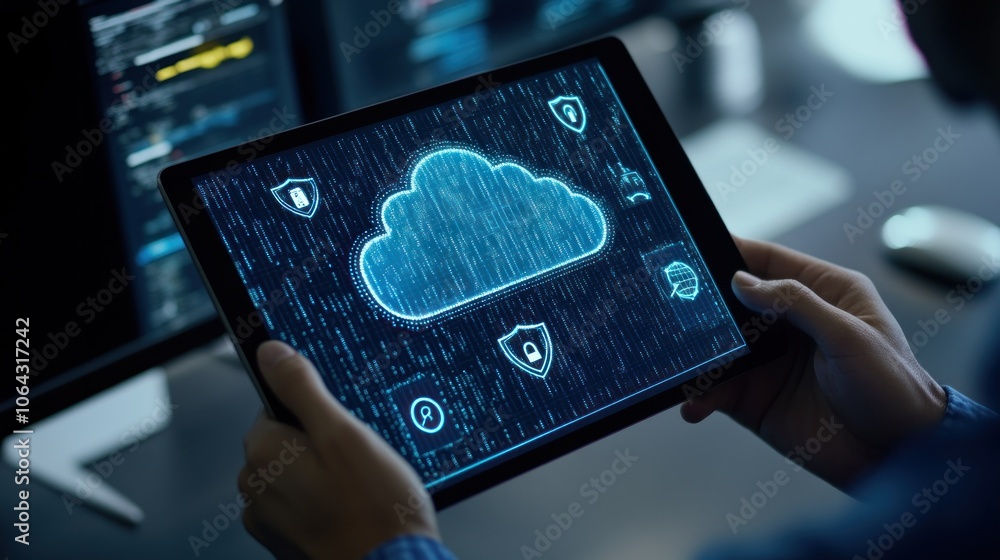 Poster a person holding a tablet displaying a digital cloud interface with security icons.