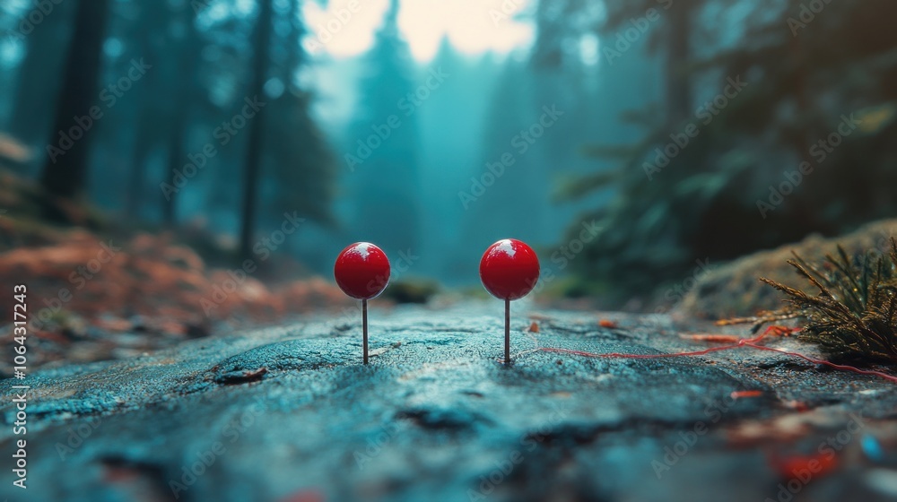 Poster two red map pins on a mossy log in a misty forest setting.