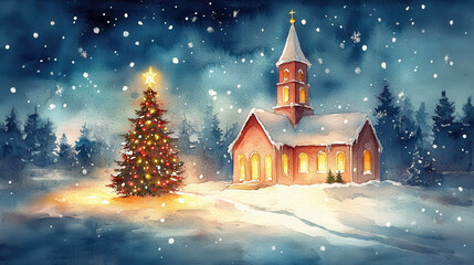 serene winter scene featuring snow covered church and beautifully lit Christmas tree, evoking