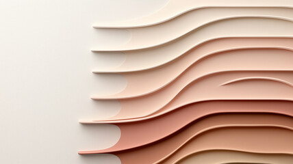 Abstract background with overlapping layers of soft pastel colors creating flowing wave pattern. design features smooth curves and harmonious blend of beige, peach, and cream tones