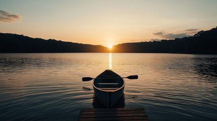 serene sunset over mountain lake with canoe gently floating near wooden dock, creating peaceful and tranquil atmosphere