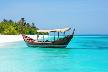 Obraz premium Traditional dhow boat sailing on turquoise waters near sandy beach and tropical palm trees