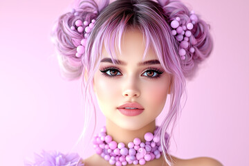 Fototapeta premium A woman with purple hair and pink beads on her head. She has a pink background