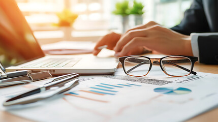 Businessman reviewing financial reports with laptop, glasses, and documents, showcasing professional workspace filled with charts and graphs