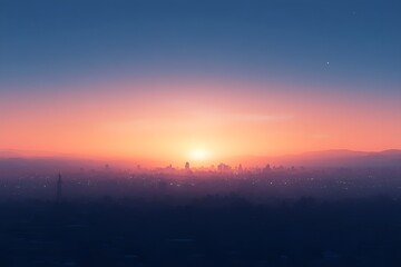 Sun rise over city scape just above the horizon, sky colour gradient transitioning from deep blue to light orange and pink, seamless gradient