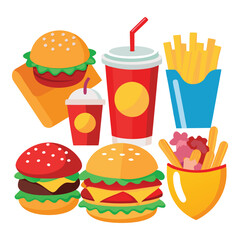 set of delicious fast foods on white background