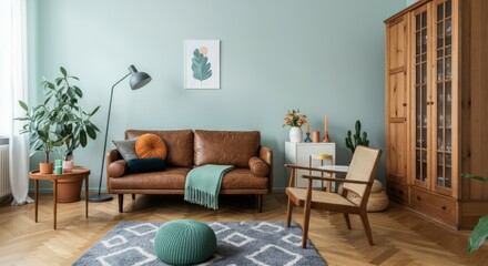 Obraz premium Cozy Living Room with Brown Sofa, Green Plants, and Wooden Cabinet