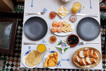 Breakfast layout in Fez, Morocco.