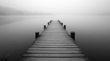 Obraz premium A serene wooden dock extends into a foggy lake, creating a tranquil atmosphere.