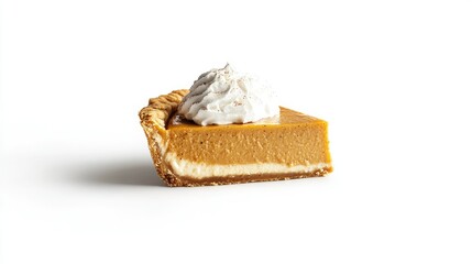 Creamy Pumpkin Pie Slice on White Background