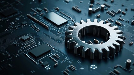 Fototapeta premium A gear and circuit board combined, symbolizing industrial technology
