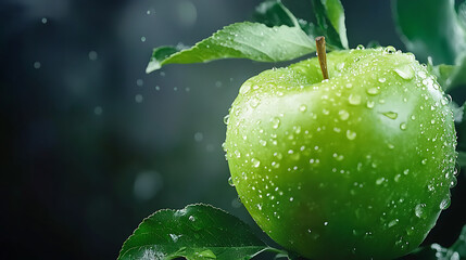 close up of green apple with water droplets, showcasing freshness and vitality. apple is surrounded by lush green leaves, creating vibrant and refreshing scene