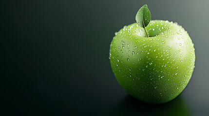 close up of green apple with water droplets, showcasing its freshness and vibrant color. apple is glistening against dark background, evoking sense of crispness and vitality