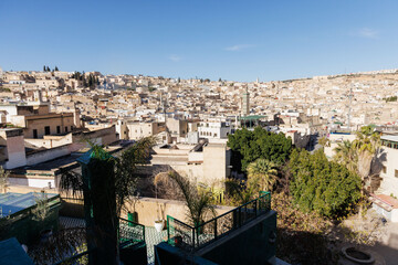Panoramic landscape view of Fez Medina in Morocco