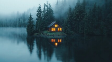 Fototapeta premium Misty Forest Lake with Cozy Cabin and Reflection