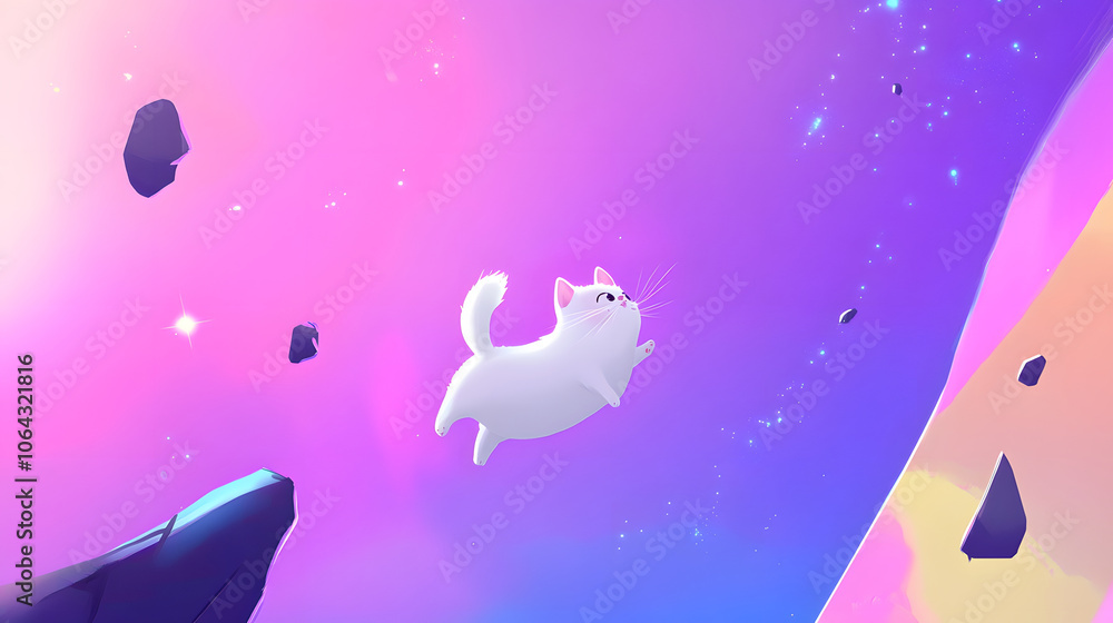 Poster A playful white cat floats through a colorful, cosmic space, surrounded by asteroids and a vibrant gradient background.