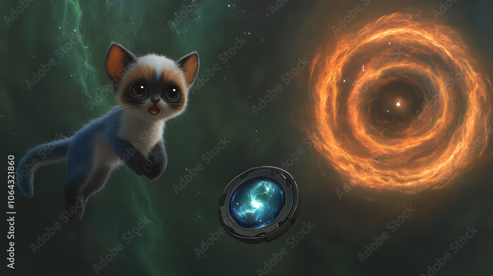 Poster a whimsical cat-like creature floats in a cosmic scene, surrounded by colorful, swirling galaxies an