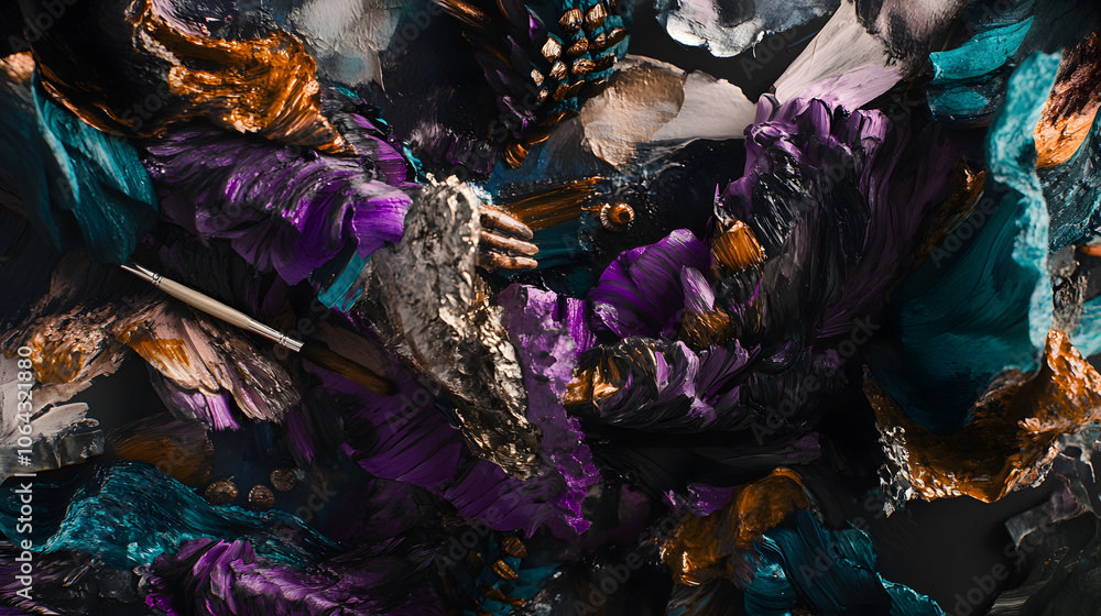 Poster A vibrant, abstract composition featuring swirling colors and textures, creating a sense of depth and movement.