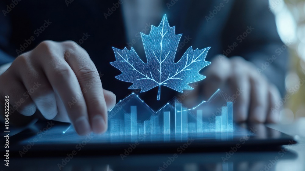 Poster a digital representation of a maple leaf overlaid on financial graphs.