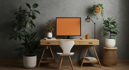 Home Office Interior Design with Modern Desk and Plants
